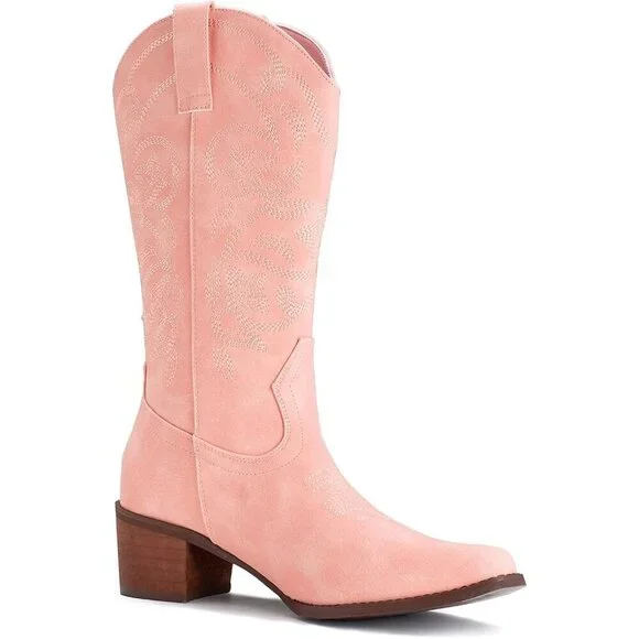 Women's Pink Pointy Toe Faux Leather Western Cowgirl Mid Calf Boots - Picture 2 of 7